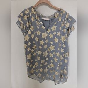 LOFT Gray Blouse with Gold Star Print Small